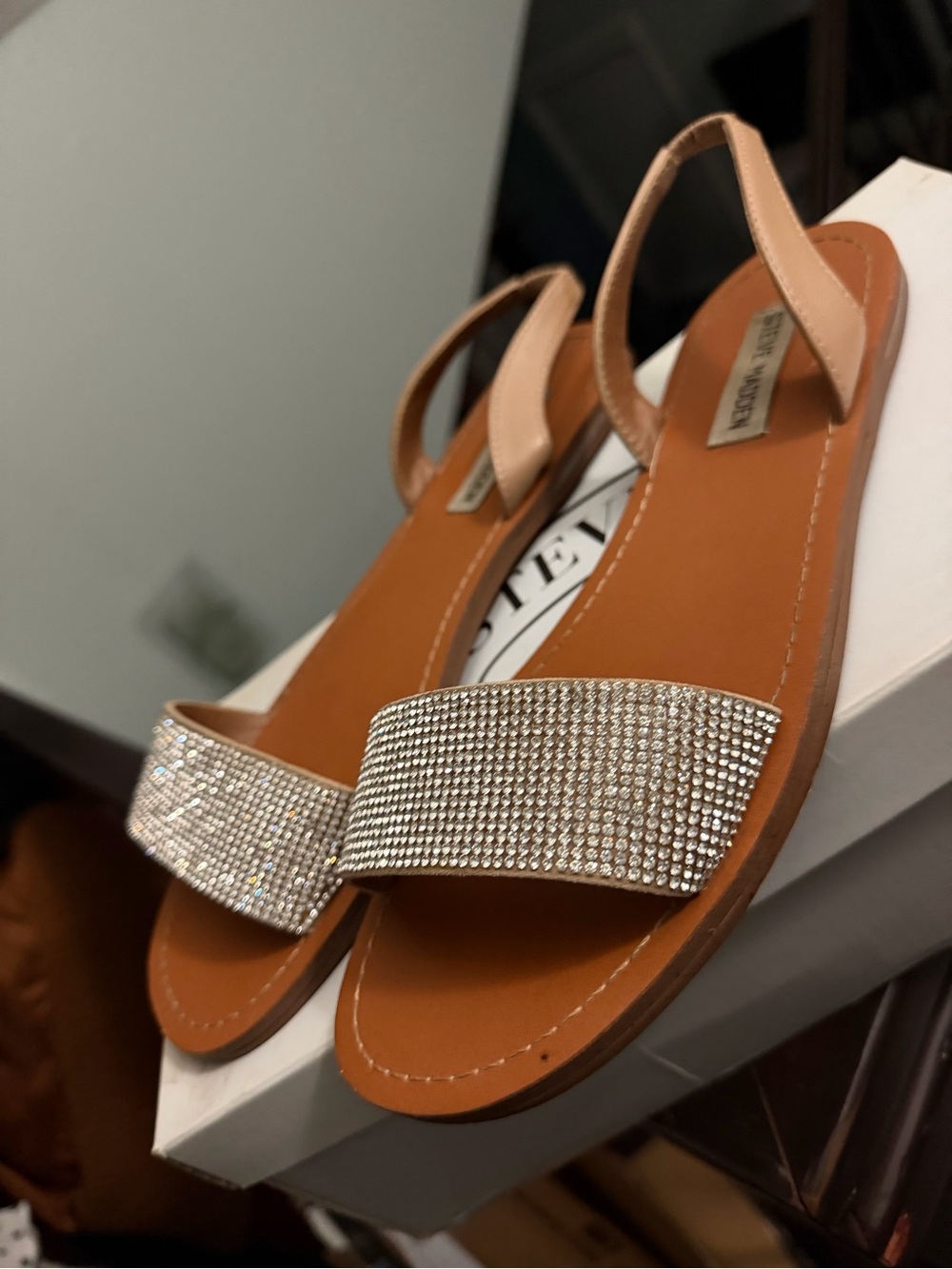 Steve Madden Crystal-Embellished Nude Slingback Sandals